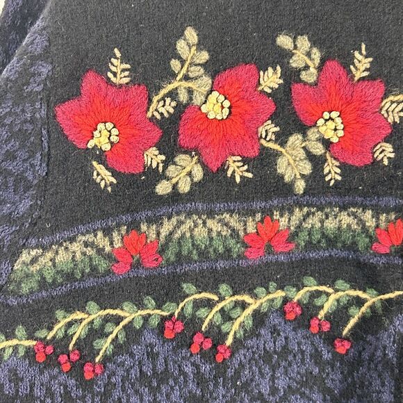 Vintage Cardigan Sweater Large Black Lambswool Silk Floral Embroidered 3D Talbot - Picture 5 of 16